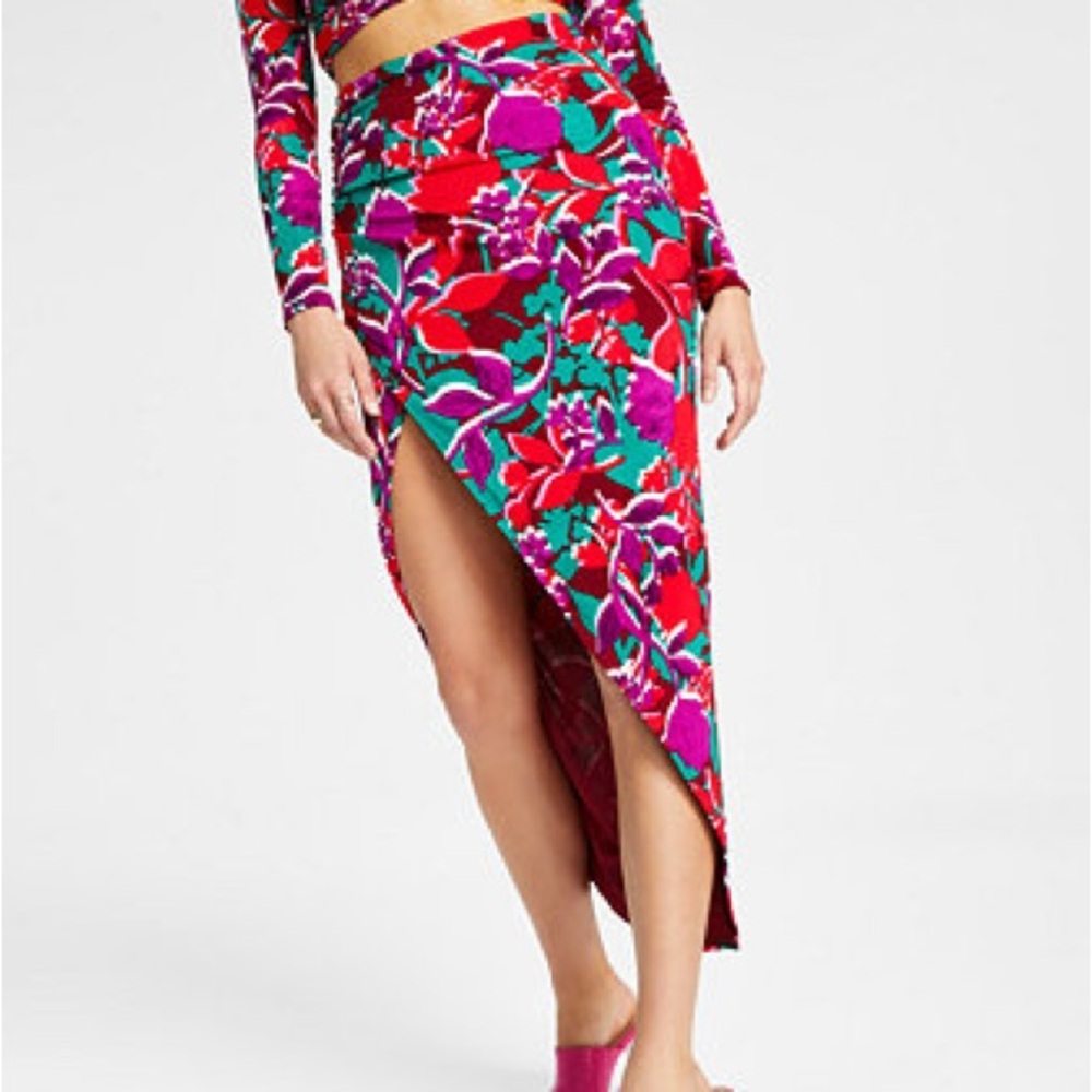 Bar III Vibrant Red and Purple High Slit Midi Skirt